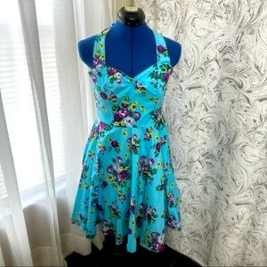 Hell Bunny Turquoise Floral Halter Dress Medium